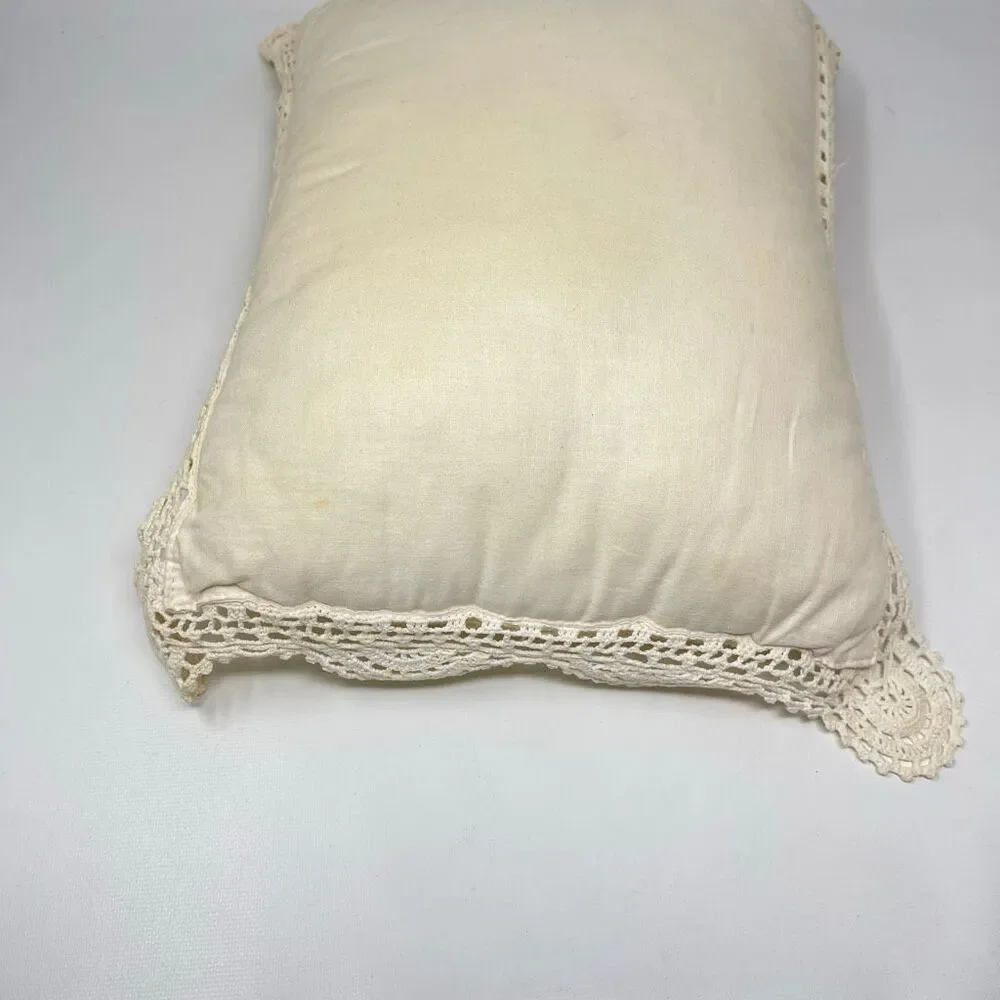 Vintage Hand Crochet Lace Throw Pillow Cover Cream Cotton Floral Boho 16x10